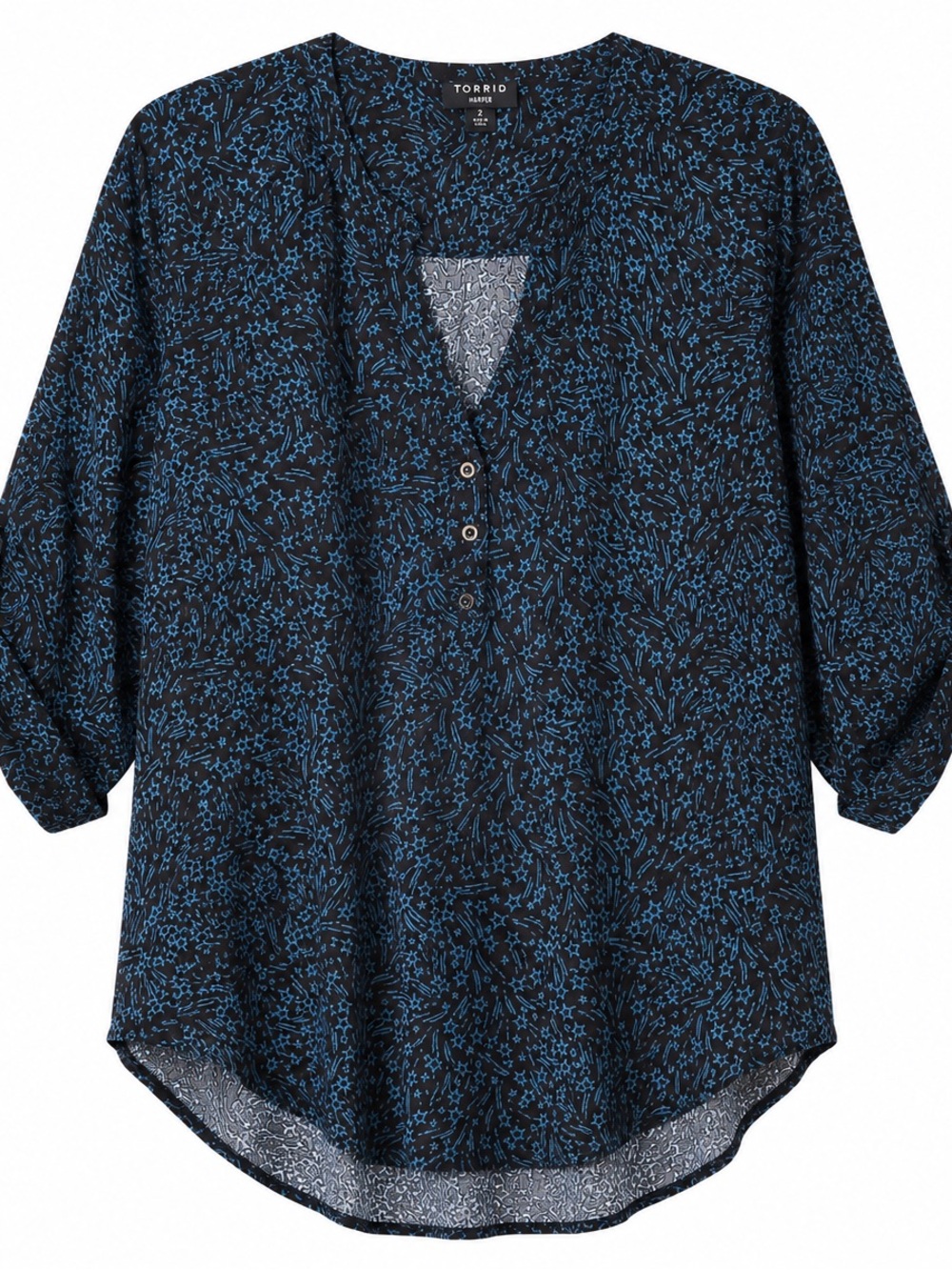 2 torrid Black Tunic with Blue Floral Print and Button Accents